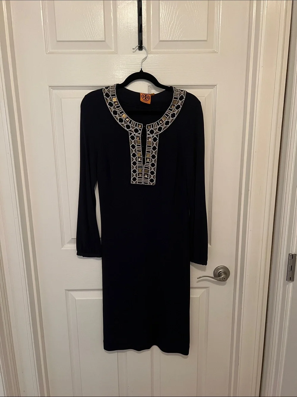 Tory Burch Navy Long-Sleeve Tunic Dress with Cream & Gold Trim